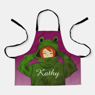 Meisje met Groene Kikker Hoodie Tekening Custom Na Schort
