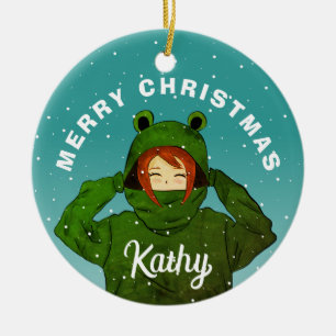 Meisje met groene kikker hoodie tekening Kerstmis Keramisch Ornament