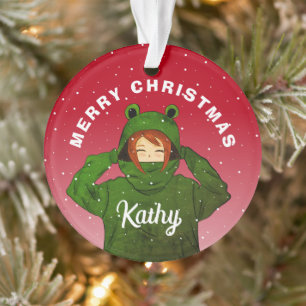 Meisje met groene kikkerhoodie kerst tekening ornament