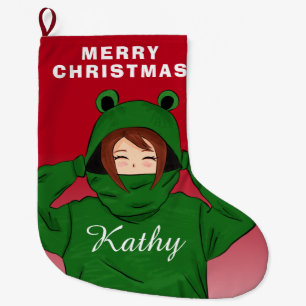 Meisje met groene kikkerhoodie tekening grote kerstsok