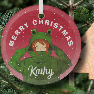 Meisje met groene kikkerhoodie Tekening Kerstmis Glas Ornament