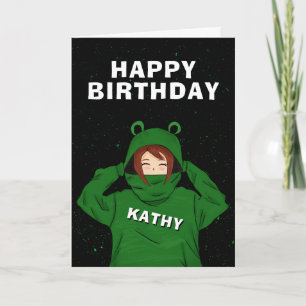 Meisje met groene kikkerhoodie tekening verjaardag kaart