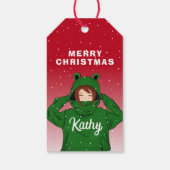 Meisje met groene kikkerkerst cadeaulabel (Achterkant)