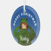 Meisje met groene kikkerkerst glas ornament (Voorkant links)