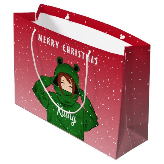 Meisje met groene kikkerkerst groot cadeauzakje (Achterkant Gekanteld)