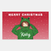 Meisje met groene kikkerkerst rechthoekige sticker (Voorkant)