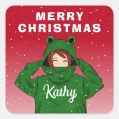 Meisje met groene kikkerkerst vierkante sticker (Voorkant)