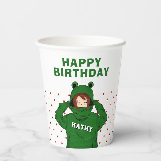 Meisje met groene kikkervisjes papieren bekers (Achterkant)