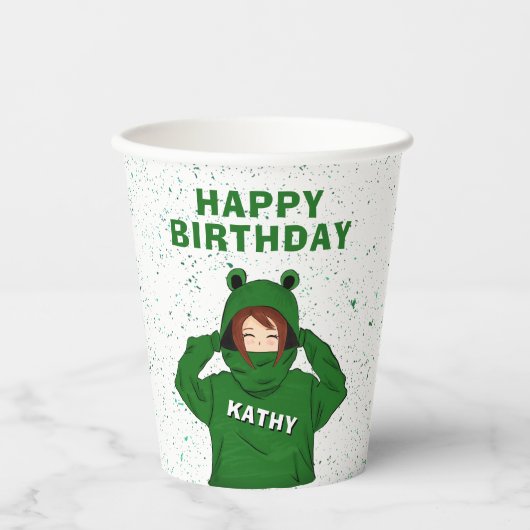 Meisje met groene kikkervisjes papieren bekers (Voorkant)