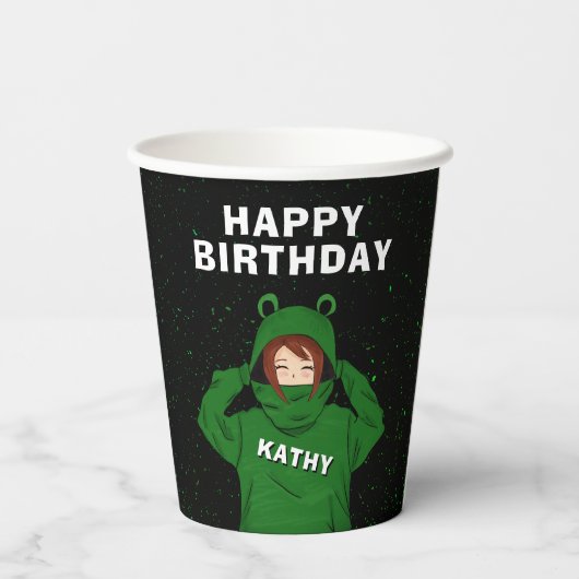 Meisje met groene kikkervisjes papieren bekers (Achterkant)