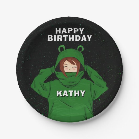 Meisje met groene kikkervisjes papieren bordje (Voorkant)