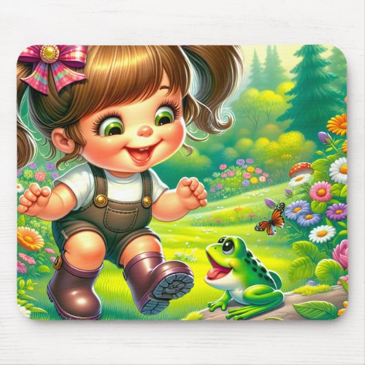 Meisje met grote ogen en groene kikker muismat (Voorkant)