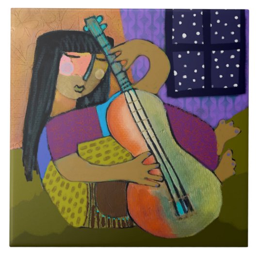 Meisje met Guitar Ceram Tile/Trivet (6 inch vierka Tegeltje (Voorkant)