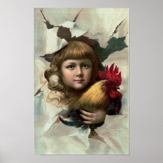 Meisje met Haan "Vroege Vogels" Antiek Print