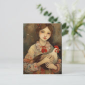 Meisje met haar huisdier kip Ai Art Briefkaart (Staand voorkant)