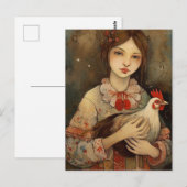 Meisje met haar huisdier kip Ai Art Briefkaart (Voorkant / Achterkant)