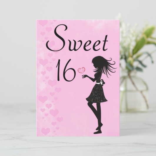 Meisje met Harten Roze Zoete 16 Verjaardag Uitnodi Kaart (Staand voorkant)