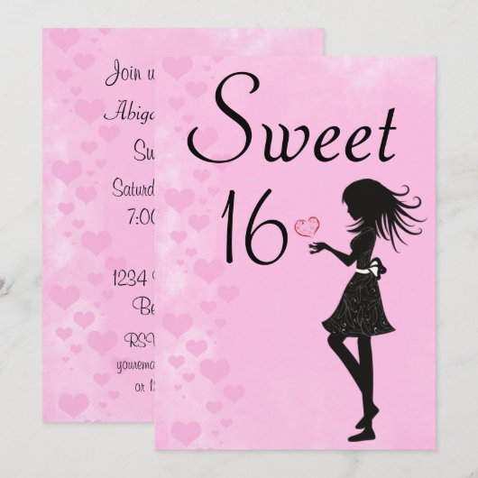 Meisje met Harten Roze Zoete 16 Verjaardag Uitnodi Kaart (Voorkant / Achterkant)