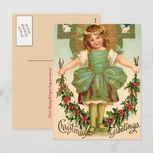  Meisje met Holly - Vintage Christmas Feestdagenkaart (Voorkant / Achterkant)