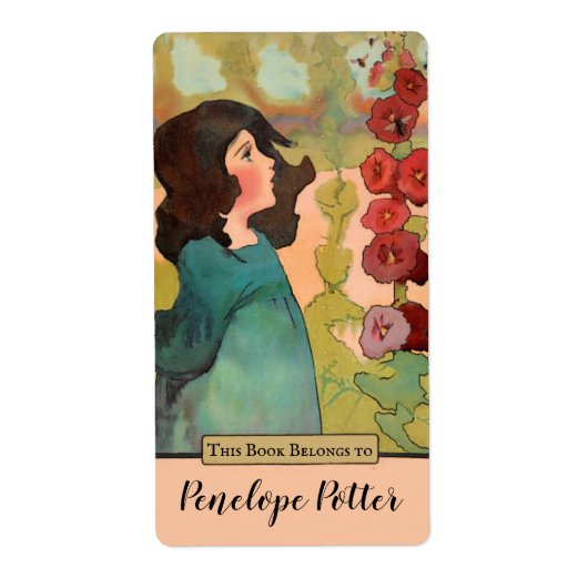 meisje met Hollyhocks en Bijen Bookplate Etiket (Voorkant)
