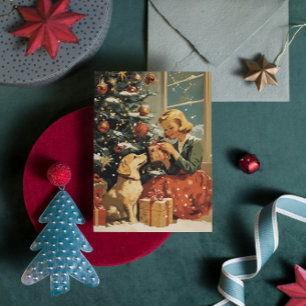 Meisje met hond bij de kerstboom Vintage Feestdagenkaart