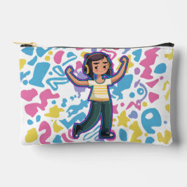 Meisje met hoofdtelefoon buigt zelfverzekerd en on etui