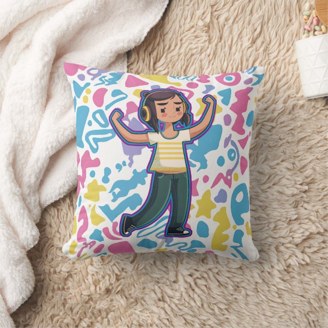 Meisje met hoofdtelefoon buigt zelfverzekerd en on kussen (Deken)