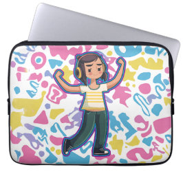 Meisje met hoofdtelefoon buigt zelfverzekerd en on laptop sleeve
