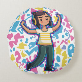 Meisje met hoofdtelefoon buigt zelfverzekerd en on rond kussen