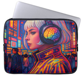 Meisje met hoofdtelefoon met regenbooghersenen laptop sleeve