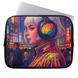 Meisje met hoofdtelefoon met regenbooghersenen laptop sleeve