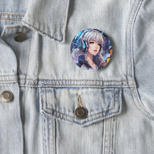 Meisje met hoofdtelefoon ronde button 5,7 cm (In situ)