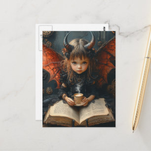 Meisje Met Hoorns en Vleugels Leest Met Koffie Briefkaart
