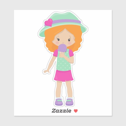 Meisje met ijskap, klein meisje, Oranje haar Sticker (Vel)