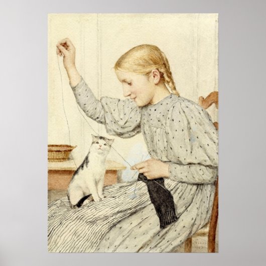 Meisje met kat, Albert Anker Poster (Voorkant)