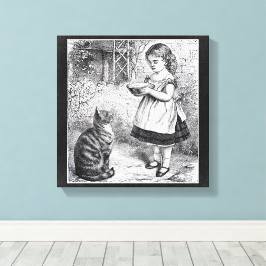 meisje met kat en melksausje canvas afdruk (Insitu (Houten vloer))