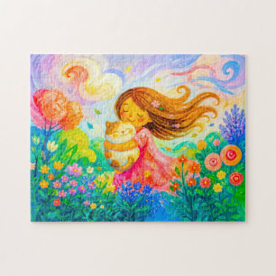 Meisje met kat in een winderige zomertuin legpuzzel