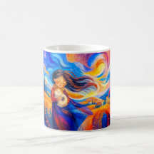 Meisje met kat in stromende winderige kleuren