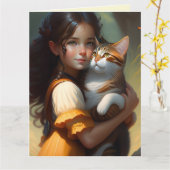 MEISJE MET KAT KATTEN KUNST VERJAARDAGSCARTS KAART (Gele Bloem)