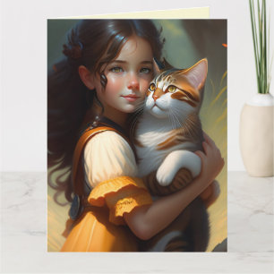 MEISJE MET KAT KATTEN KUNST VERJAARDAGSCARTS KAART