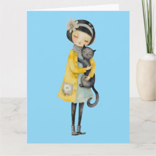 Meisje met kat verjaardagskaart voor haar kaart