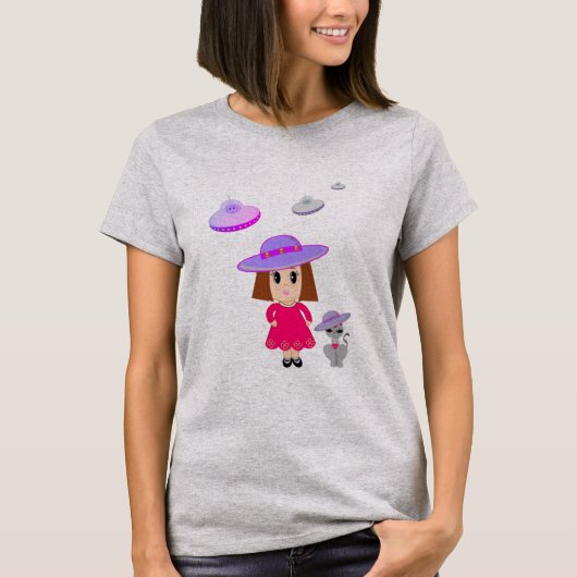 Meisje met kat & vliegende schotels t-shirt (Voorkant)