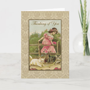 Meisje met katten 'Denk aan jou' vintage reproduct Kaart