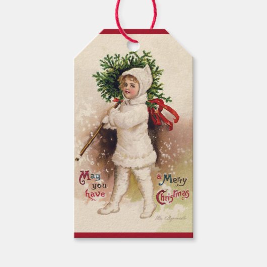 meisje met kerstboom, Ellen Clapsaddle Cadeaulabel (Voorkant)