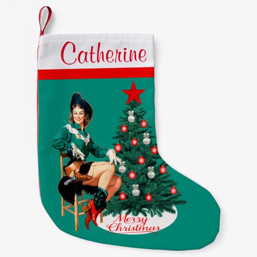 meisje met kerstboom Merry Christma Kleine Kerstsok (Voorkant)