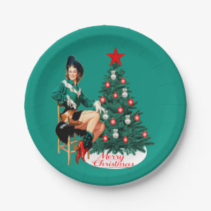 meisje met kerstboom Merry Christma Papieren Bordje