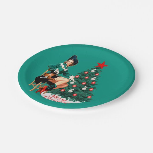  meisje met kerstboom Merry Christma Papieren Bordje (Gekanteld)