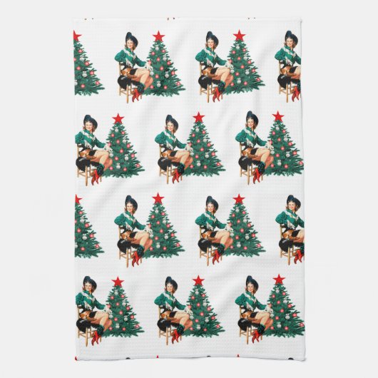  meisje met kerstboom theedoek (Verticaal)