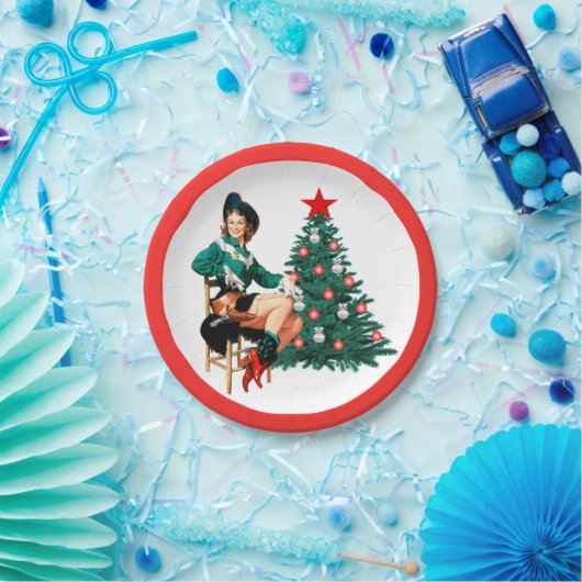  meisje met kerstboomrand papieren bordje (Feest)