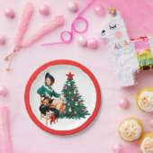  meisje met kerstboomrand papieren bordje (Feest)